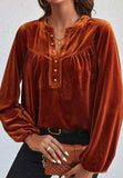 Notched Long Sleeve Velvet Top - Trendsi - Flyclothing LLC