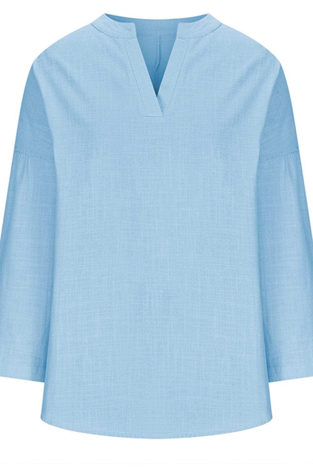 Solid Color Notched Long Sleeve Blouse - Trendsi - Flyclothing LLC