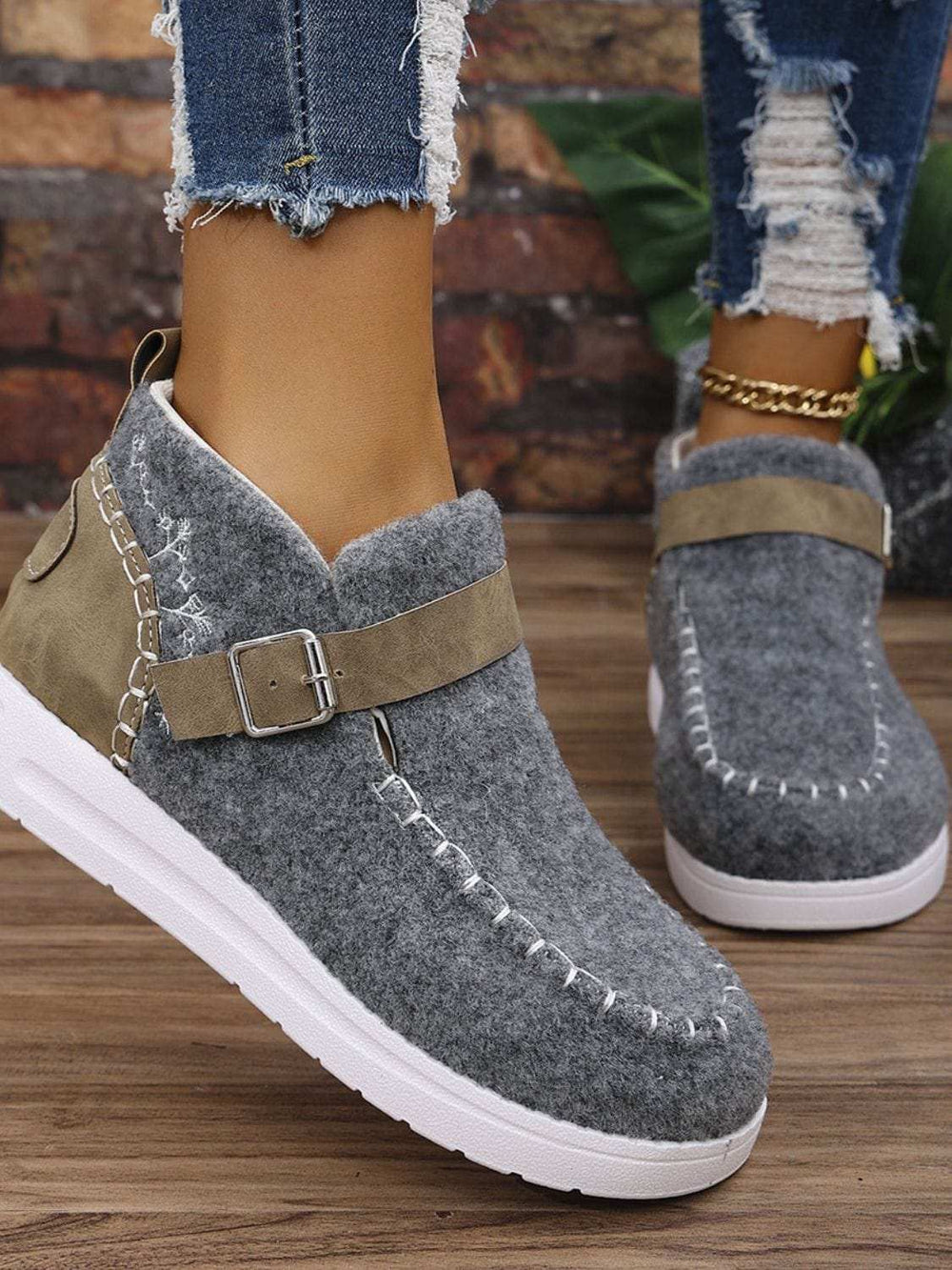 Contrast Round Toe Buckle Sneakers - Trendsi - Flyclothing LLC