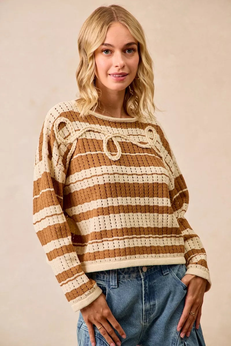 BiBi Striped Open Knit Sweater Top with Front Braided Detail - Trendsi - Flyclothing LLC