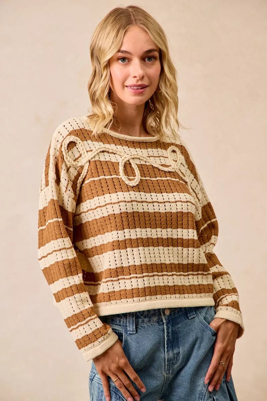 BiBi Striped Open Knit Sweater Top with Front Braided Detail - Trendsi - Flyclothing LLC