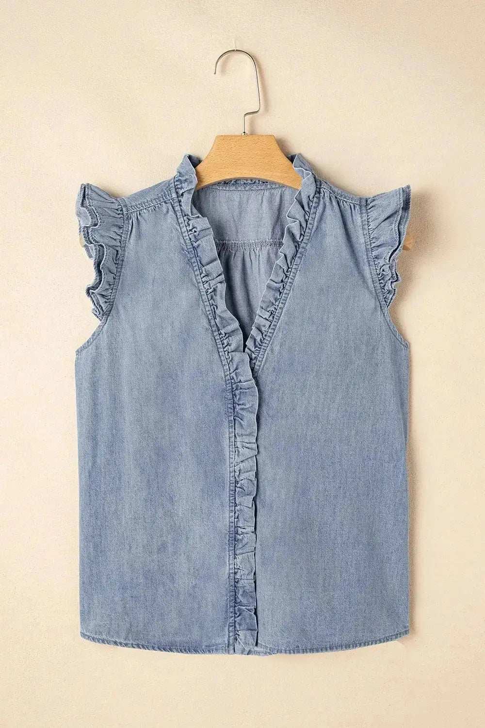 Frilly Ruffle Trim V Neck Chambray Tank - Trendsi - Flyclothing LLC