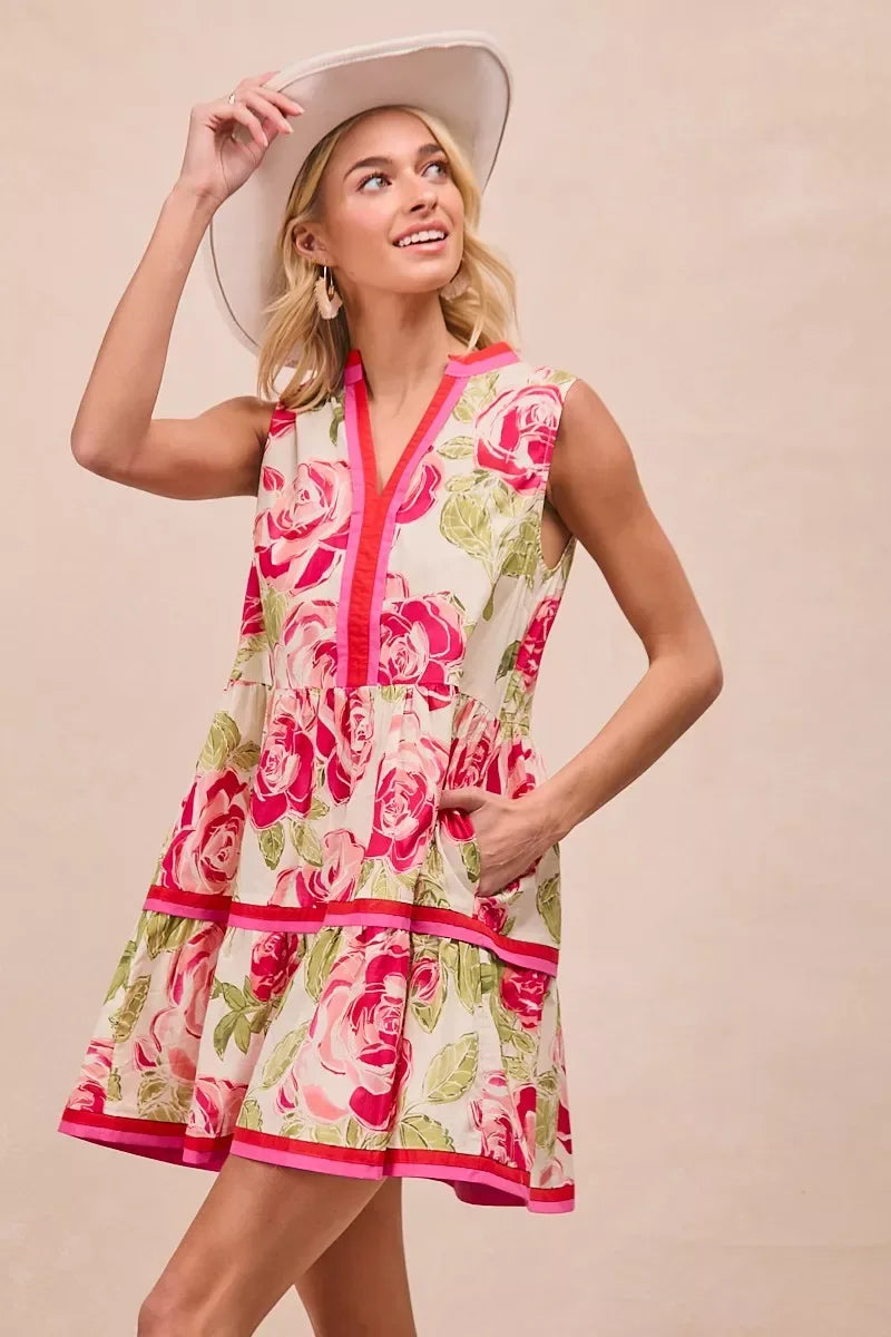 BiBi Floral Woven Contrast Edge Tiered Ruffle Mini Dress - Trendsi - Flyclothing LLC
