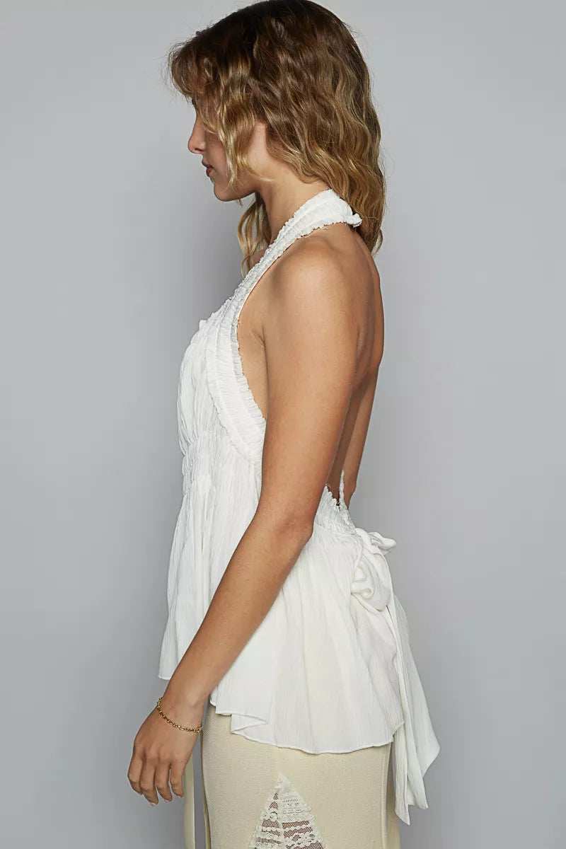 POL Backless Halter Sleeveless Top with Smocking Shirring Detail - Trendsi - Flyclothing LLC