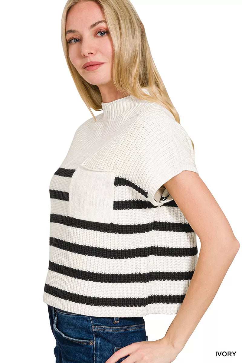 Zenana Short Sleeve Stripe Sweater - Trendsi - Flyclothing LLC