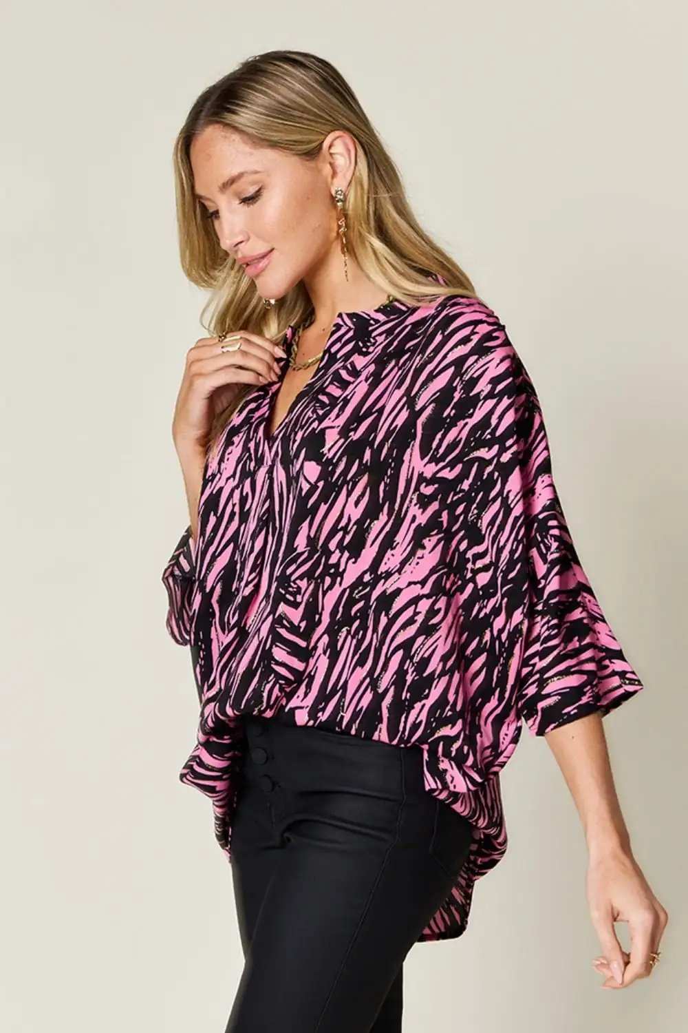 Double Take Full Size Printed Notched Three-Quarter Sleeve Blouse - Trendsi - Flyclothing LLC