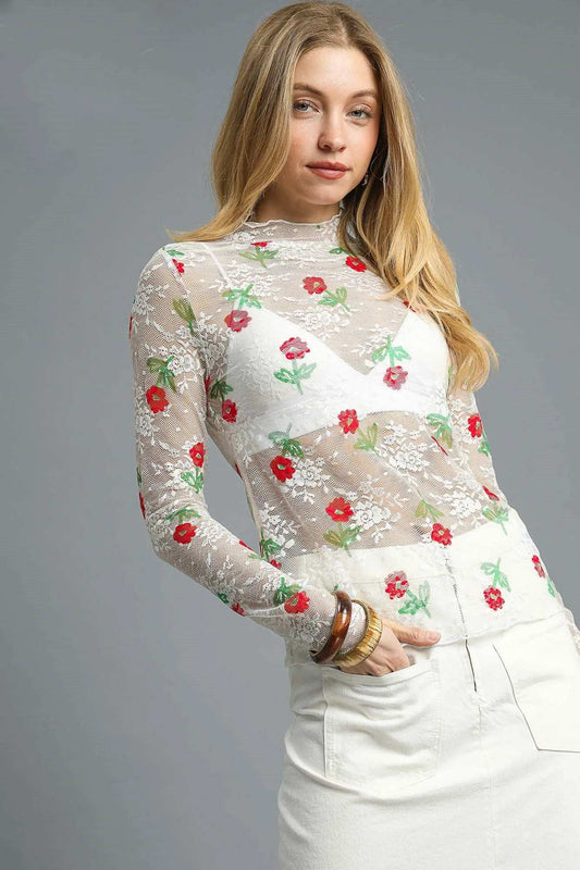 Umgee Floral Mock Neck Long Sleeve Sheer Top - Trendsi - Flyclothing LLC