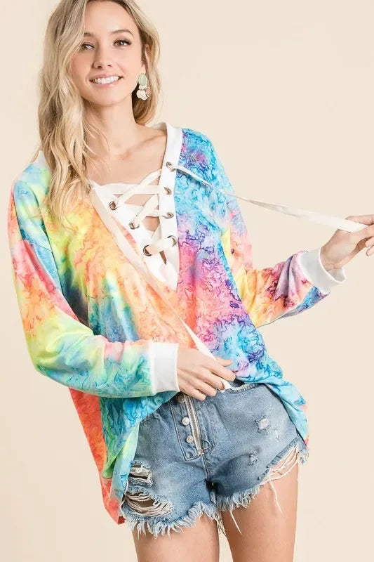 BiBi Tie Dye Deep V-neck Top With Lace Up Front - Trendsi - Flyclothing LLC