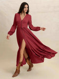 V-Neck Balloon Sleeve Ruffled Hem Maxi Dress - Trendsi - Flyclothing LLC