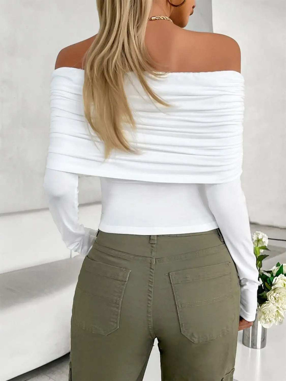 Ruched Off-Shoulder Long Sleeve T-Shirt - Trendsi - Flyclothing LLC