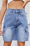 Raw Hem Washed Denim Shorts with Cargo Pockets - Trendsi - Flyclothing LLC