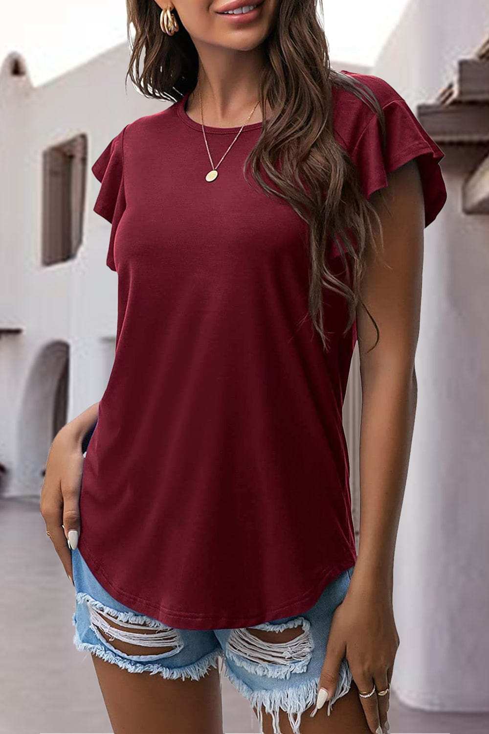 Ruffled Round Neck Cap Sleeve Blouse - Trendsi - Flyclothing LLC