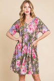 BOMBOM Flower Print V-Neck Ruched Dress - Trendsi - Flyclothing LLC