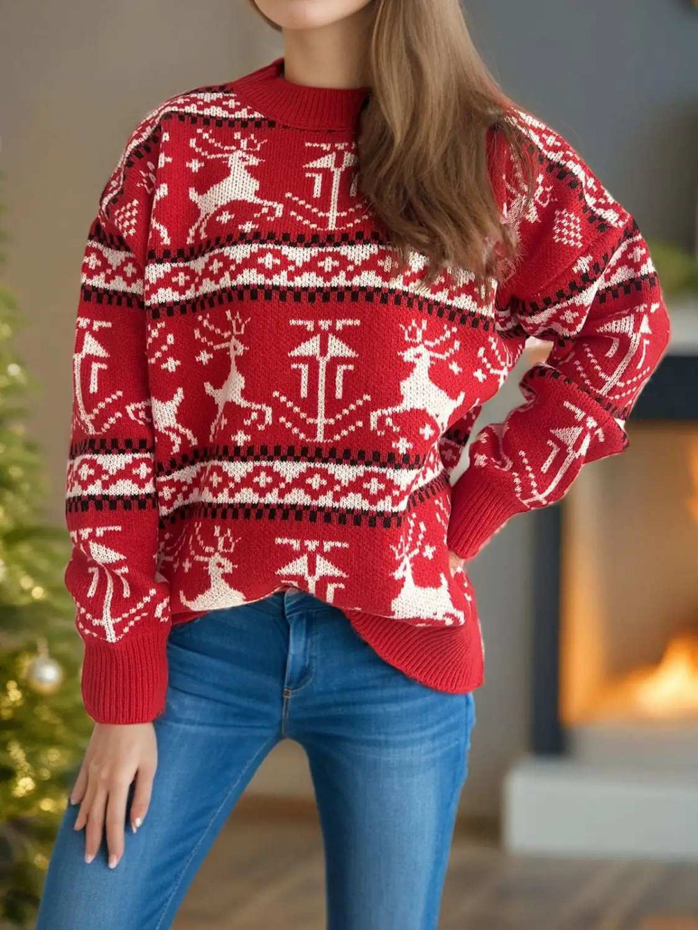 Christmas Element Round Neck Long Sleeve Sweater - Trendsi - Flyclothing LLC
