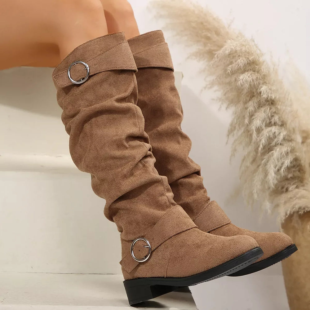 Buckle Accent Slouch Boots - Trendsi - Flyclothing LLC