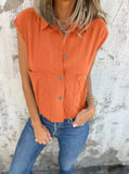 Full Size Button Down Cap Sleeve Linen Shirt Plus Size - Trendsi - Flyclothing LLC