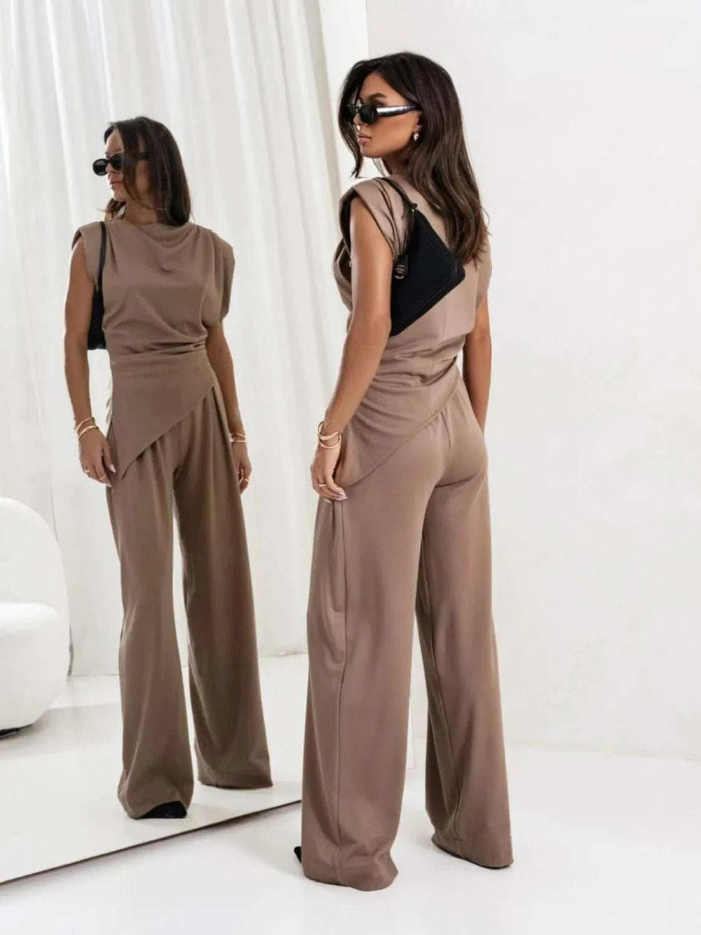 Slit Ruched Top and Wide Leg Pants Set - Trendsi - Flyclothing LLC