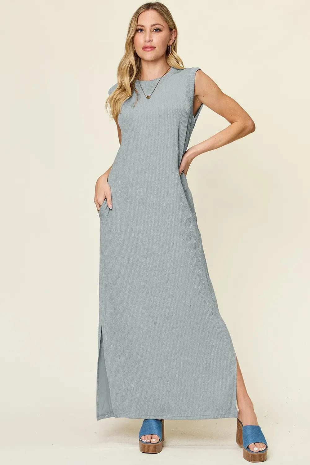 Double Take Full Size Texture Mock Neck Sleeveless Maxi Dress - Trendsi - Flyclothing LLC