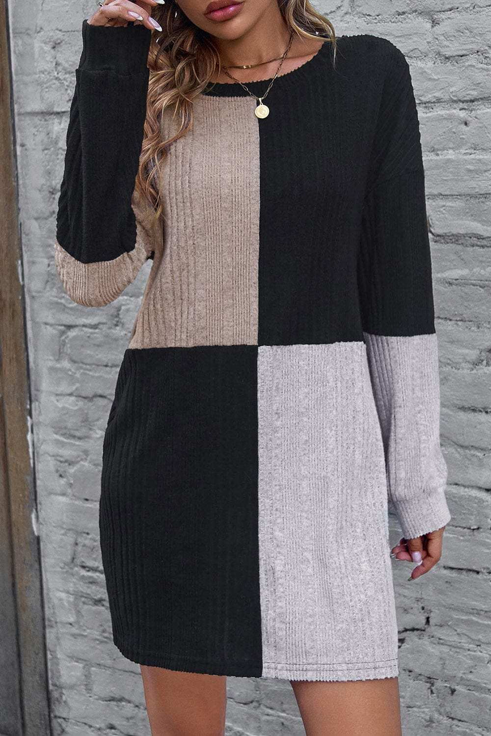 Color Block Drop Shoulder Long Sleeve Mini Dress - Trendsi - Flyclothing LLC