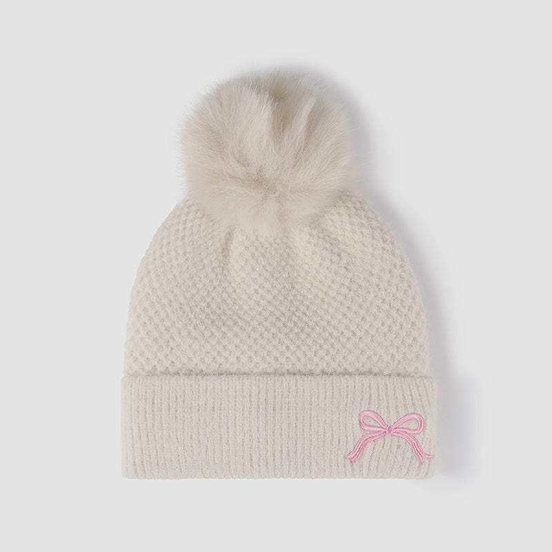 Thermal Bow Knit Hat with Pompom - Trendsi - Flyclothing LLC