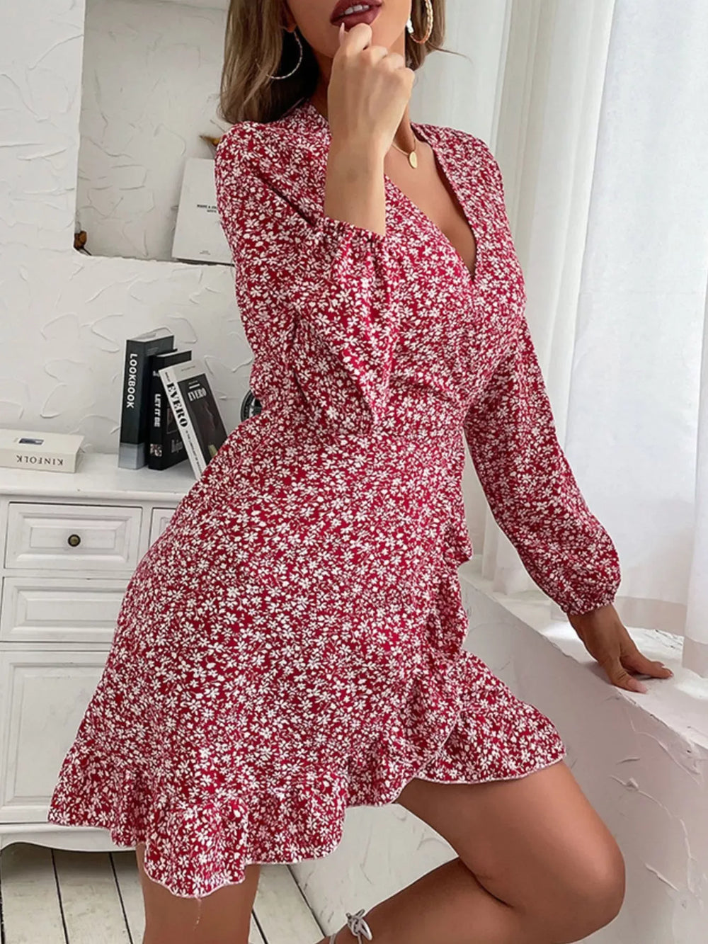 Floral Print Wrap Mini Dress - Trendsi - Flyclothing LLC