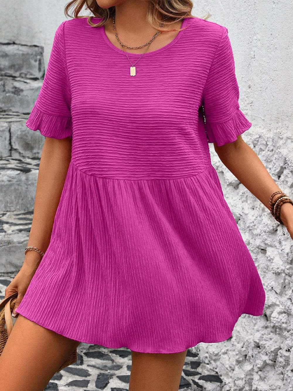 Round Neck Short Sleeve Blouse - Trendsi - Flyclothing LLC