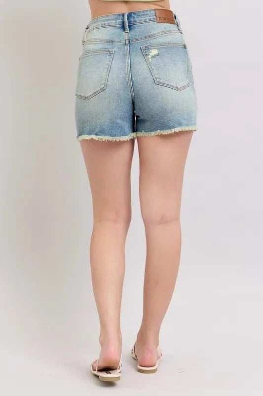 Judy Blue Full Size High Rise Washed Fly Stitch Detail and Destroy Denim Shorts Plus Size - Trendsi - Flyclothing LLC