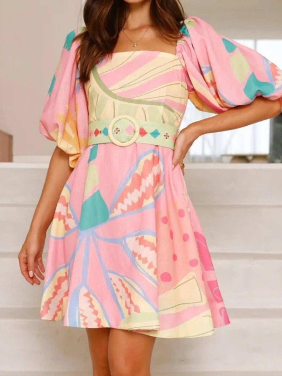 Colorful Print Belted Mini Dress with Puff Sleeves - Trendsi - Flyclothing LLC