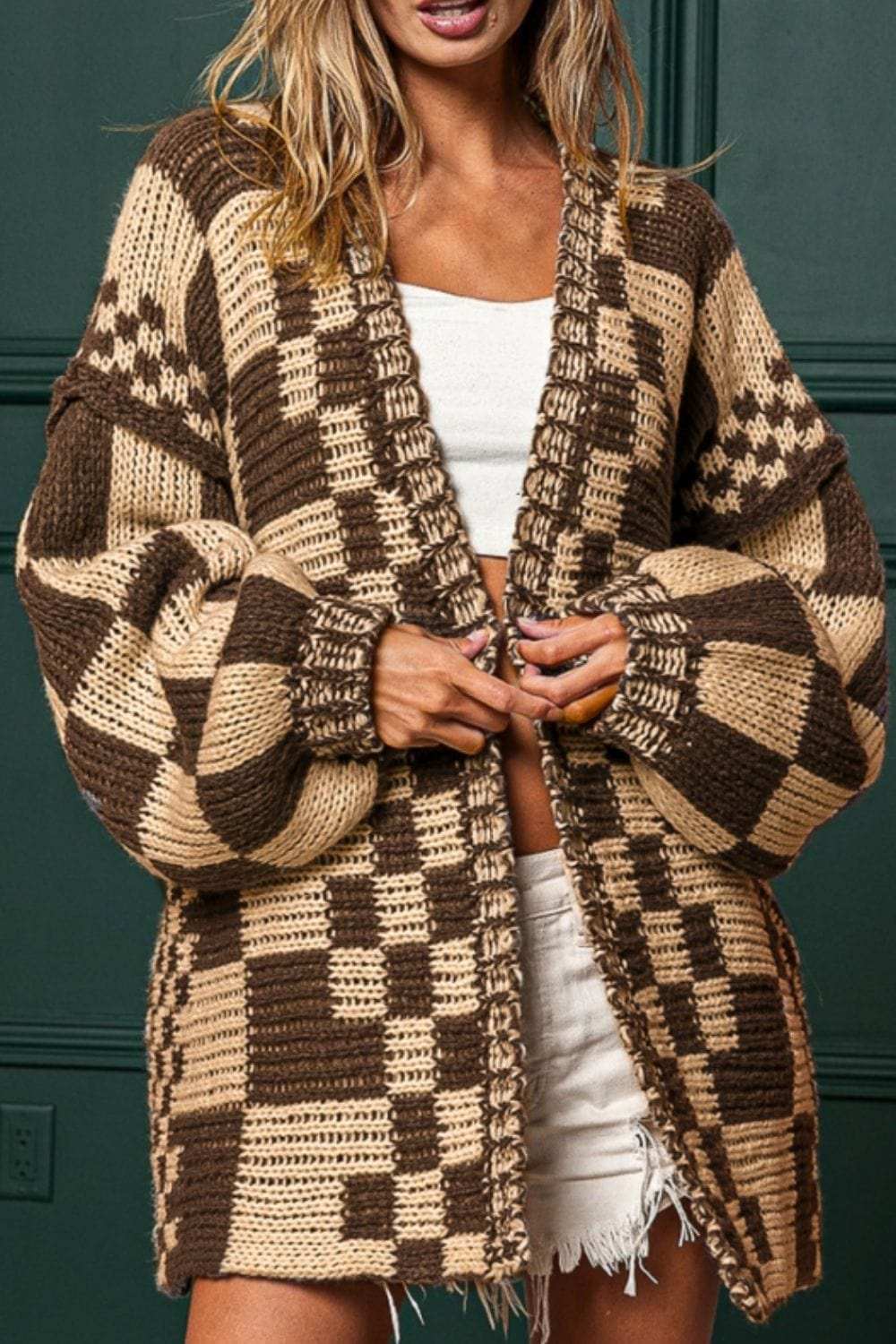 Checkered Open Front Long Sleeve Cardigan - Trendsi - Flyclothing LLC