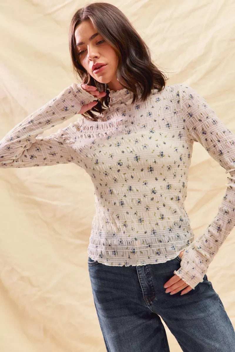 SO ME Floral Print Textured Long Sleeve Knit Top - Trendsi - Flyclothing LLC