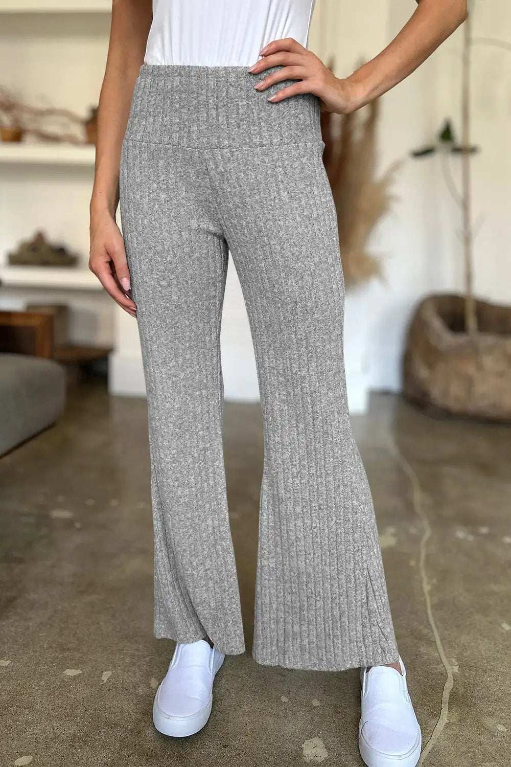 Ribbed High Waist Flare Pants - Trendsi - Flyclothing LLC
