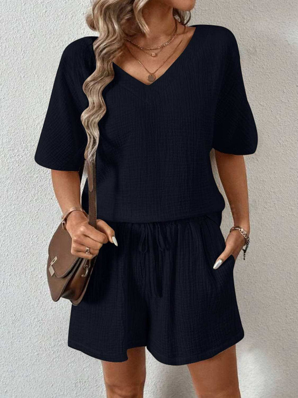 V-Neck Half Sleeve Top and Shorts Set - Trendsi - Flyclothing LLC