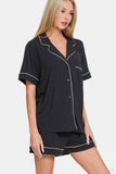 Zenana Button Down Short Sleeve Top and Shorts Lounge Set - Trendsi - Flyclothing LLC