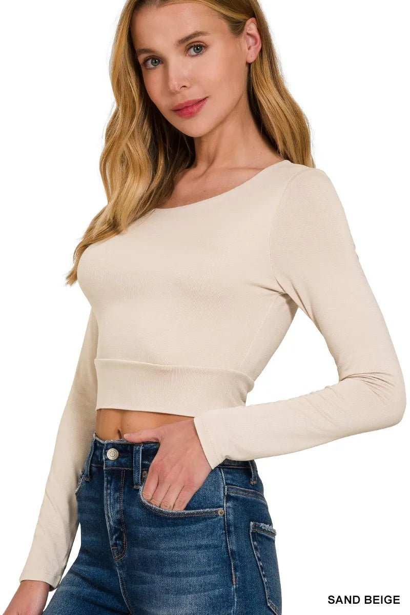 Zenana Double Layered Long Sleeve Cropped Round Neck T-Shirt - Trendsi - Flyclothing LLC