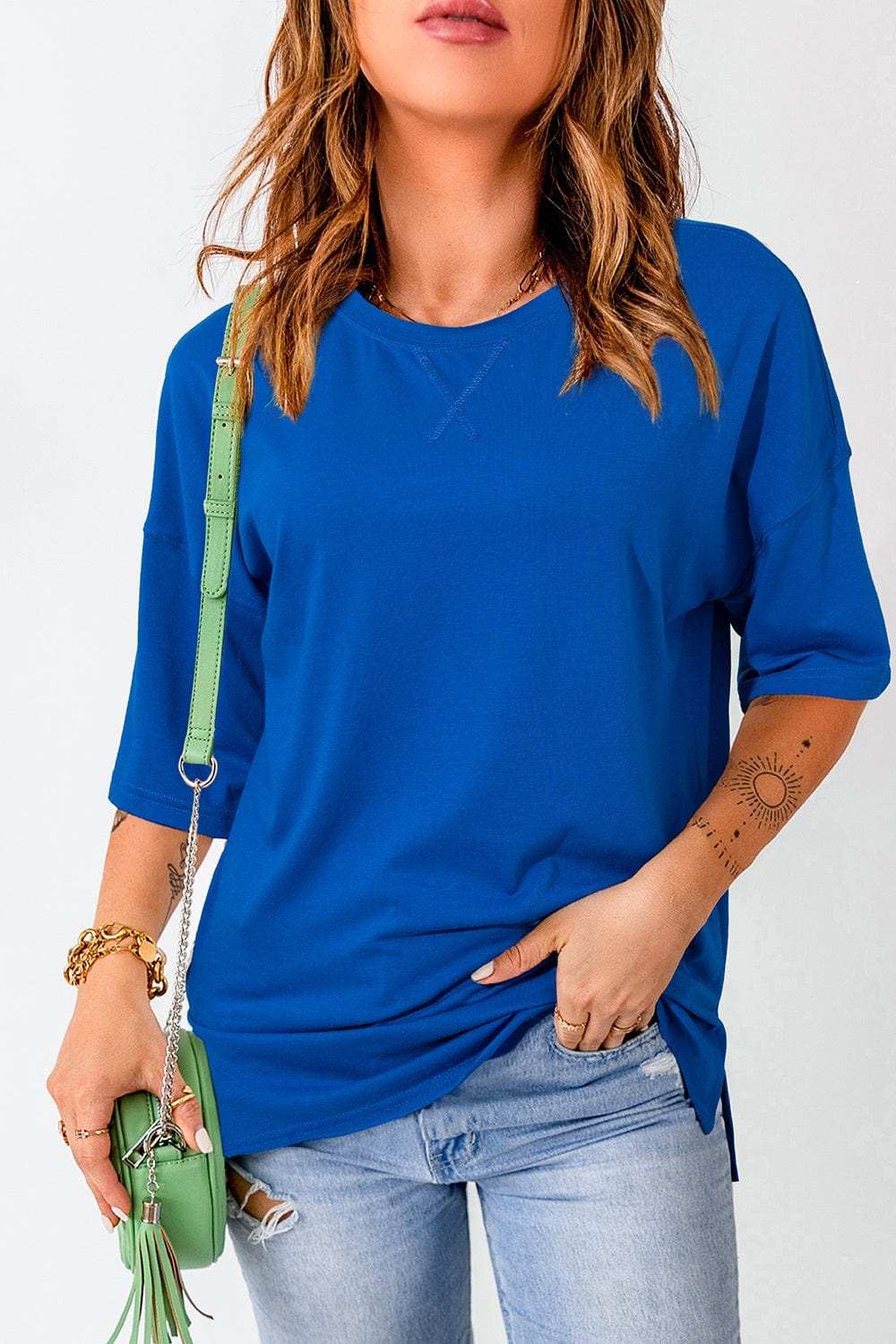 Slit Round Neck Half Sleeve T-Shirt - Trendsi - Flyclothing LLC