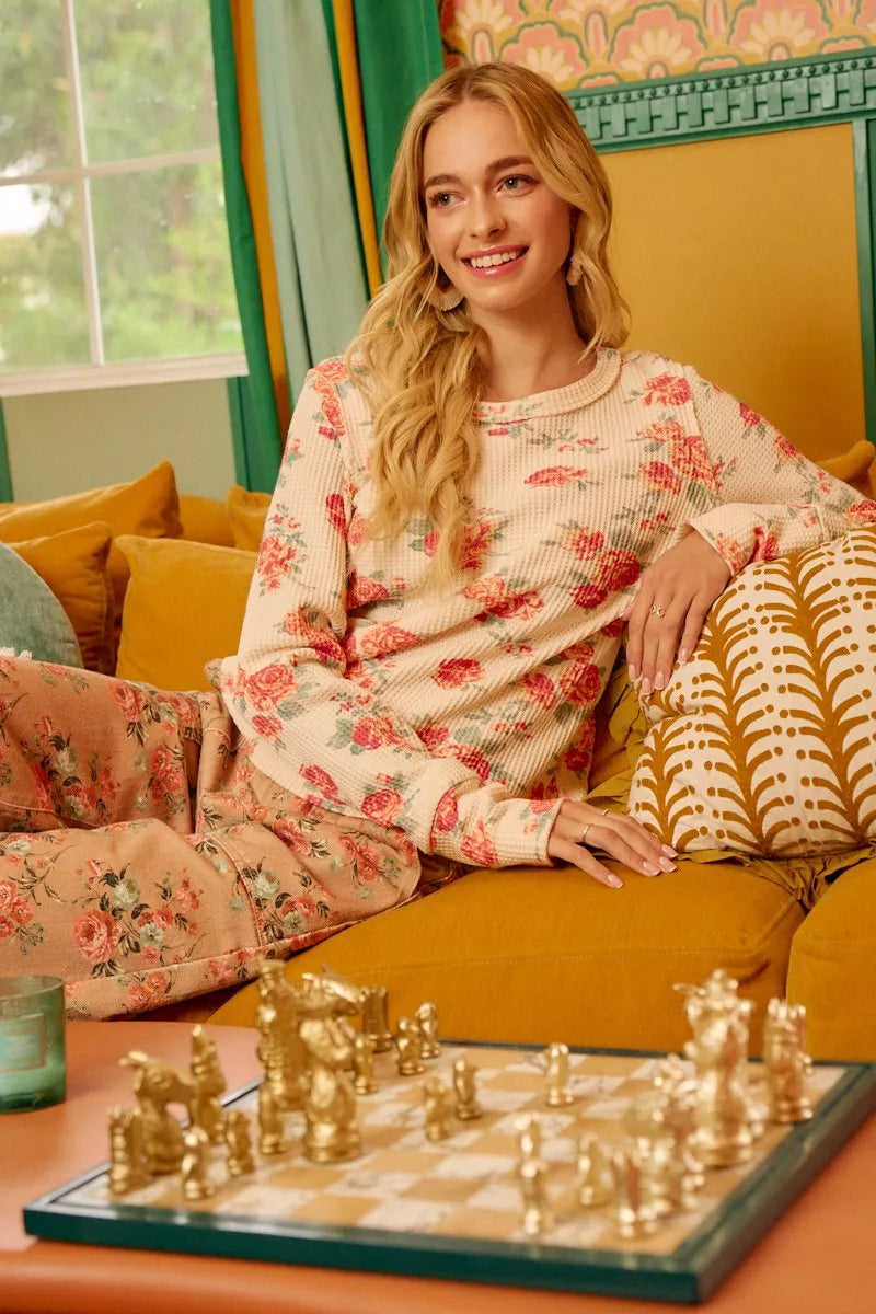 BiBi Floral Print Washed Waffle Thermal Top With Thumb - Trendsi - Flyclothing LLC