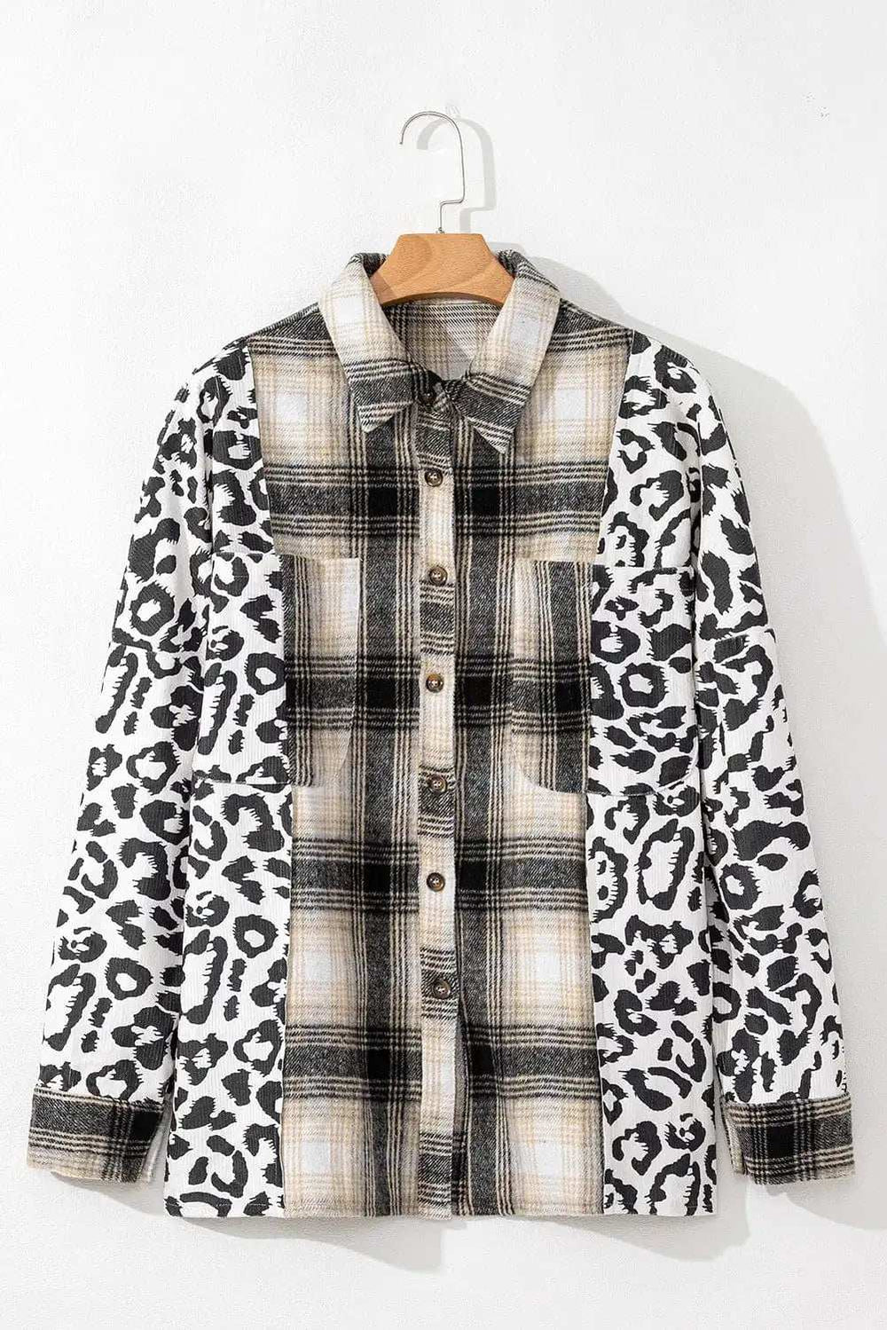 Plus Size Leopard Plaid Button Up Long Sleeve Shacket - Trendsi - Flyclothing LLC