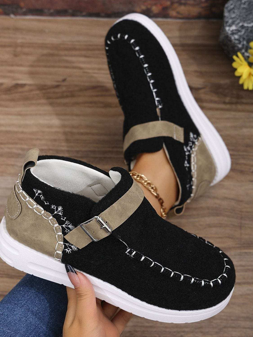 Contrast Round Toe Buckle Sneakers - Trendsi - Flyclothing LLC