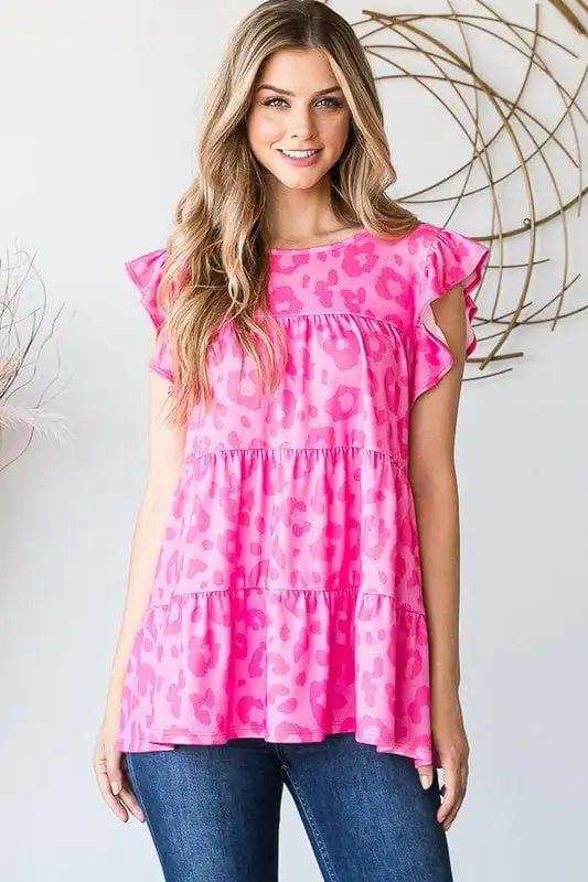 Heimish Full Size Tiered Leopard Round Neck Blouse with Ruffled Detail Plus Size - Trendsi - Flyclothing LLC