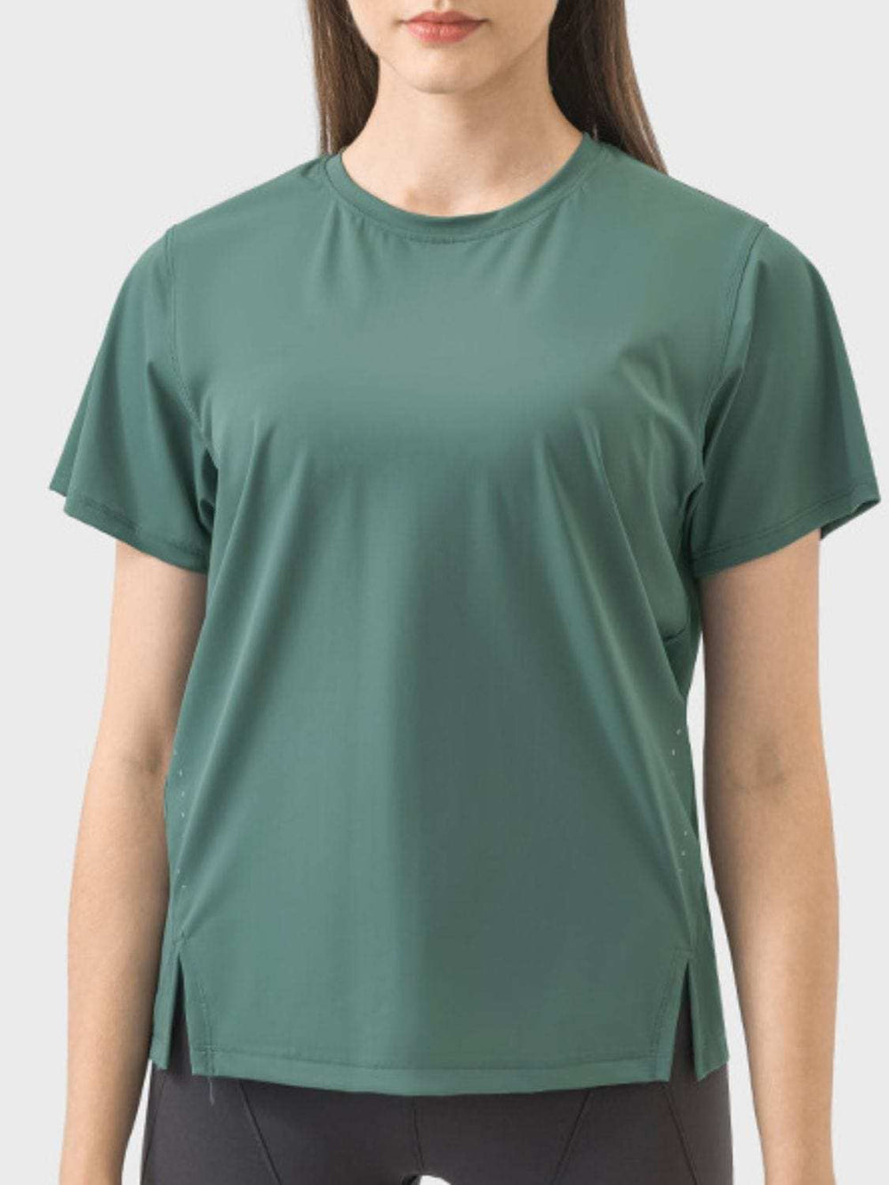 Slit Round Neck Short Sleeve Active T-Shirt - Trendsi - Flyclothing LLC