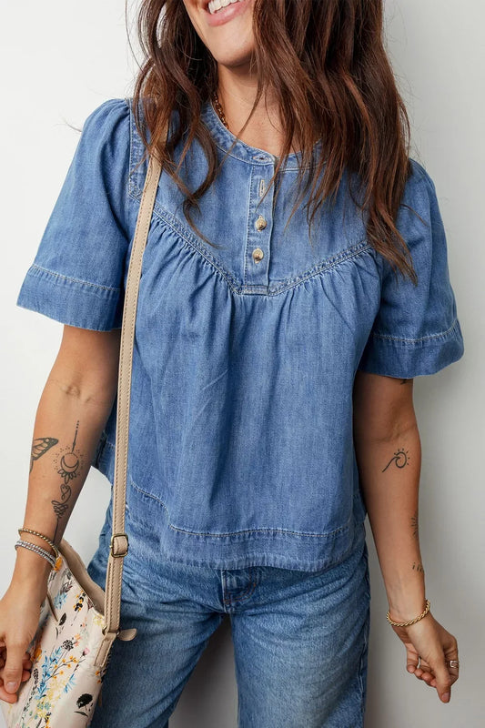 Pleated Detail Half Button Short Sleeve Denim Top - Trendsi - Flyclothing LLC