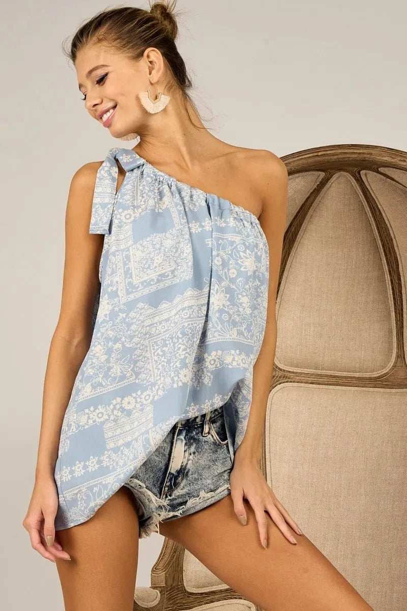 BiBi Aztec Printed Woven Tied Ribbon One Shoulder Top - Trendsi - Flyclothing LLC