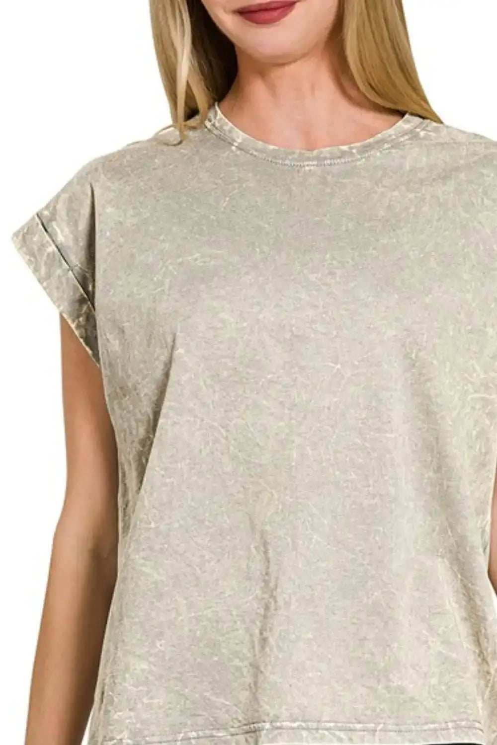 Zenana Crinkle Washed Round Neck Folded Short Sleeve Tee - Trendsi - Flyclothing LLC