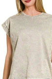 Zenana Crinkle Washed Round Neck Folded Short Sleeve Tee - Trendsi - Flyclothing LLC