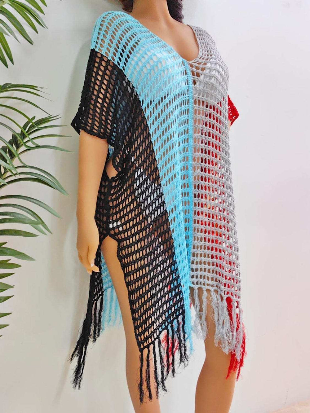 Fringe Color Block Scoop Neck Cover Up - Trendsi - Flyclothing LLC