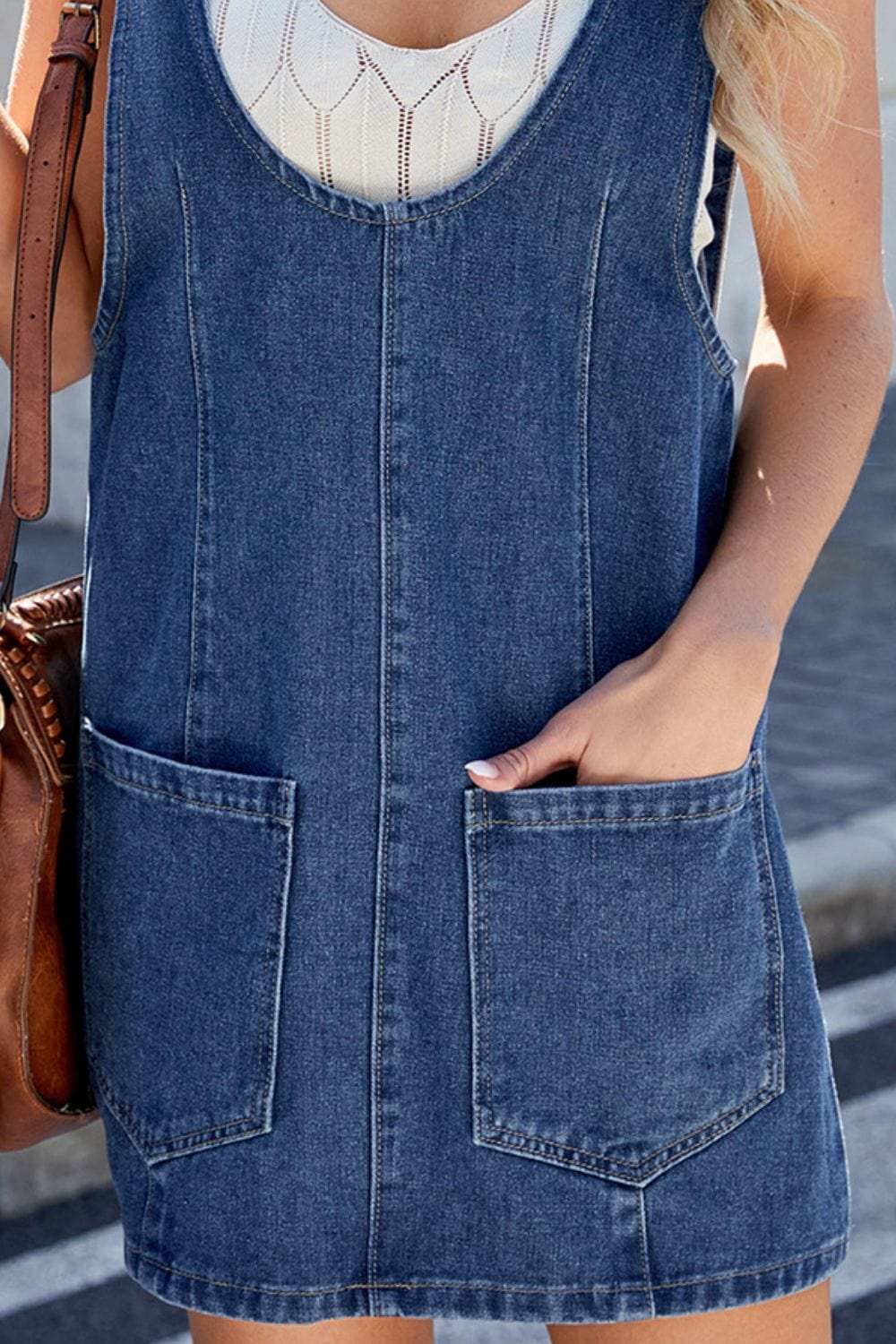 Scoop Neck Denim Overall Dress with Pockets - Trendsi - Flyclothing LLC