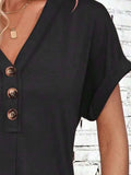 Quarter Button V-Neck Short Sleeve Dress - Trendsi - Flyclothing LLC