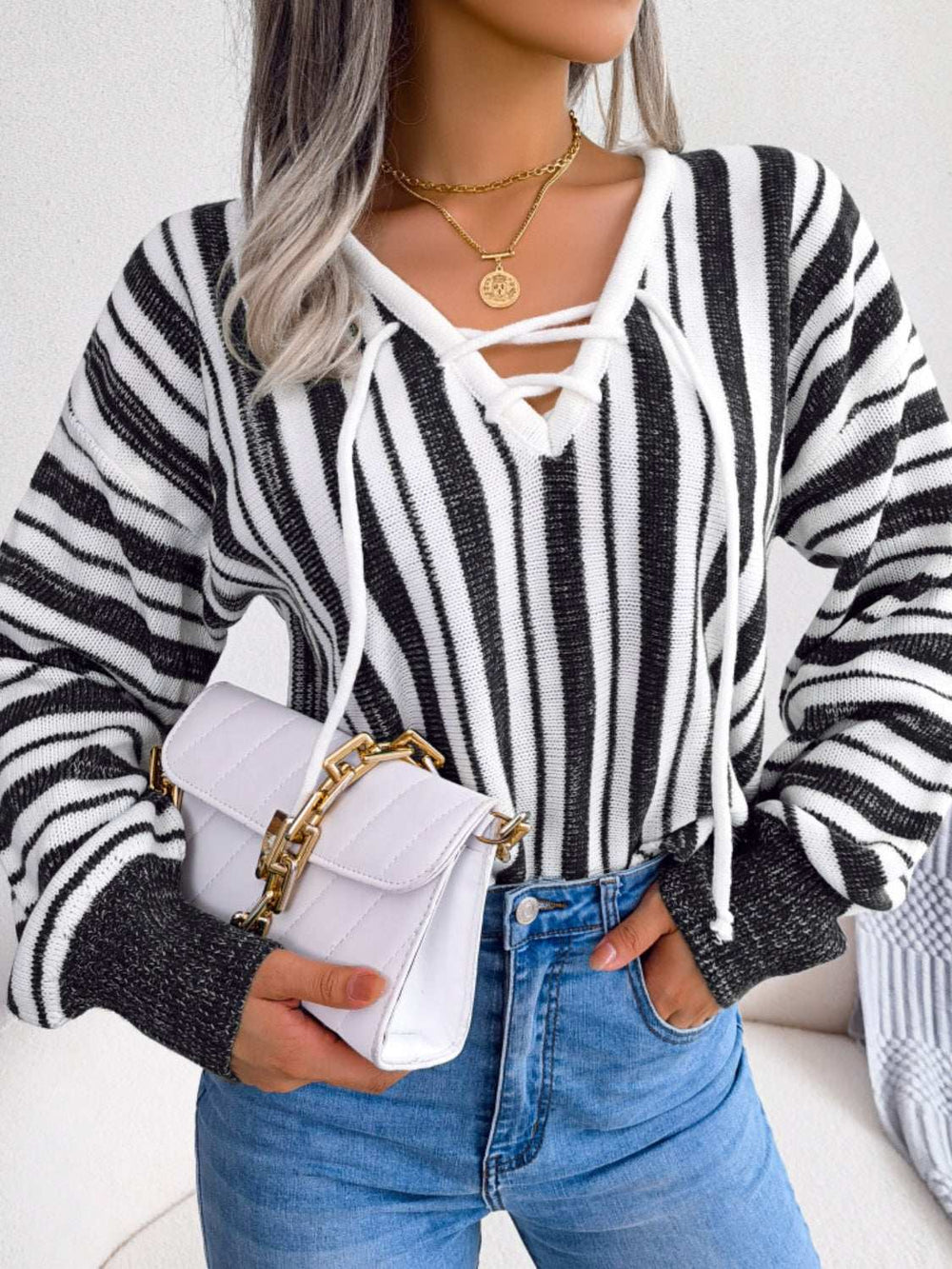 Striped Lace-Up Long Sleeve Sweater - Trendsi - Flyclothing LLC