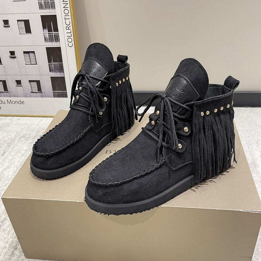 Fringe Studded Round Toe Canvas Boots - Trendsi - Flyclothing LLC