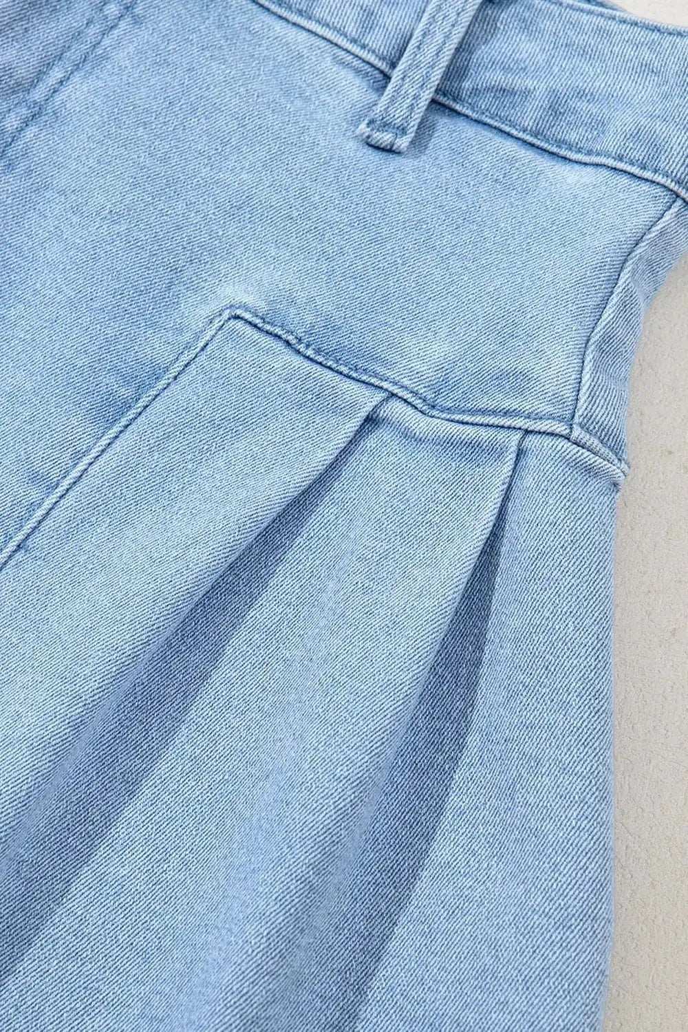 Pleated Patchwork Panel Lightweight Denim Shorts - Trendsi - Flyclothing LLC